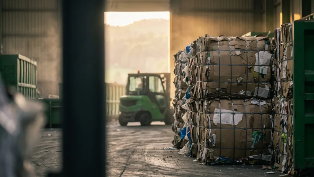 Gepresste Kartonballen und Stapler in der VORWAGNER-Recyclinghalle